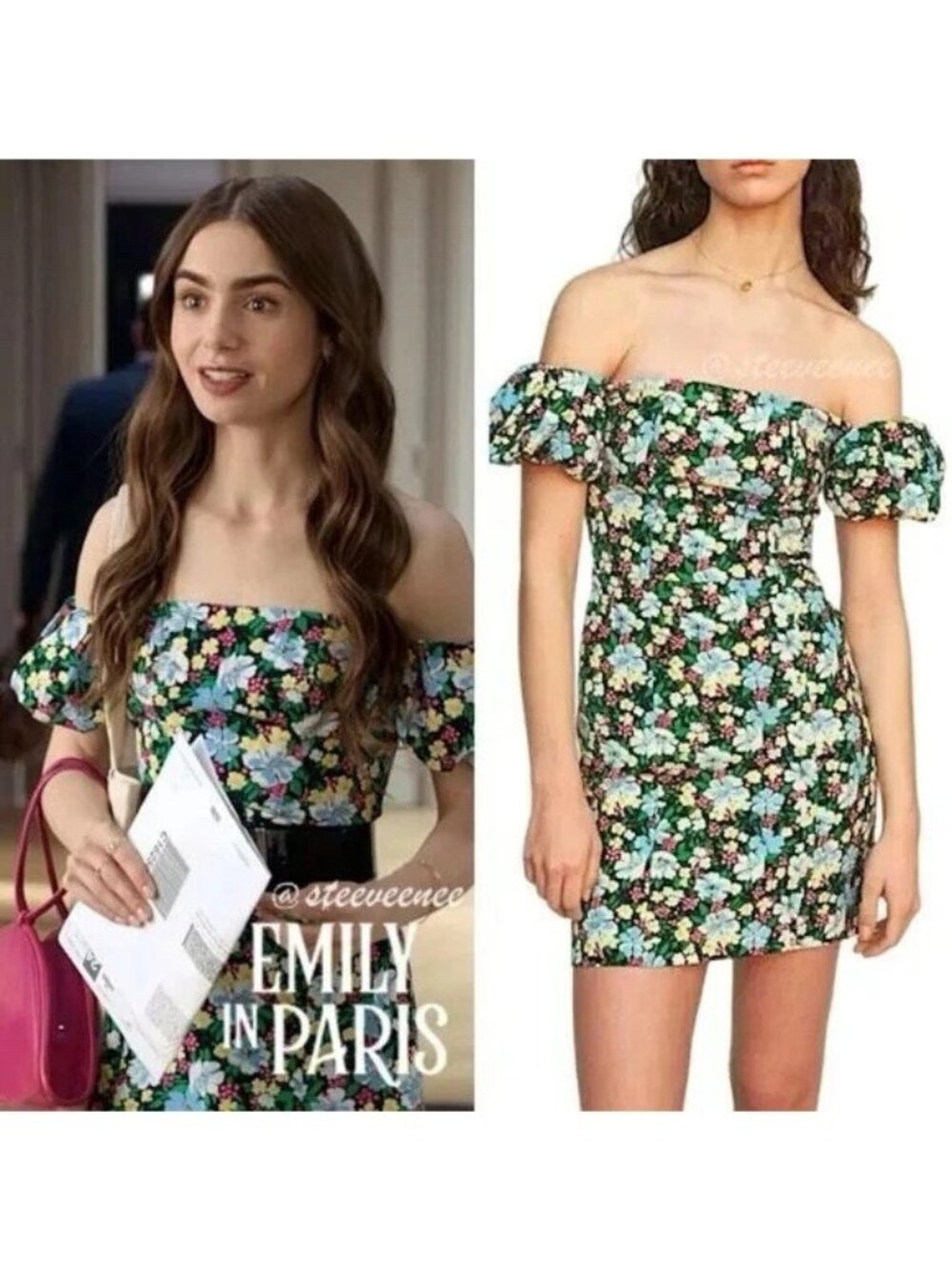 NWT NEW Maje Dress sz 1 Small Rapy Floral Mini Off the Shoulder Puff Sleeve